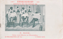 710936 Reclameprentbriefkaart met een 'Kermisgroet aangeboden door den bediende van' N. Klink, Salon voor Scheren en ...